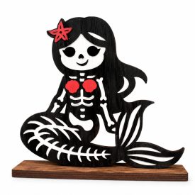 Hosszú hajú csontisellő piros virággal és masnival, talpas fa Halloween dekoráció