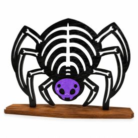 Nagy csontipók fehér csontmintával és lila potrohhal, talpas fa Halloween dekoráció